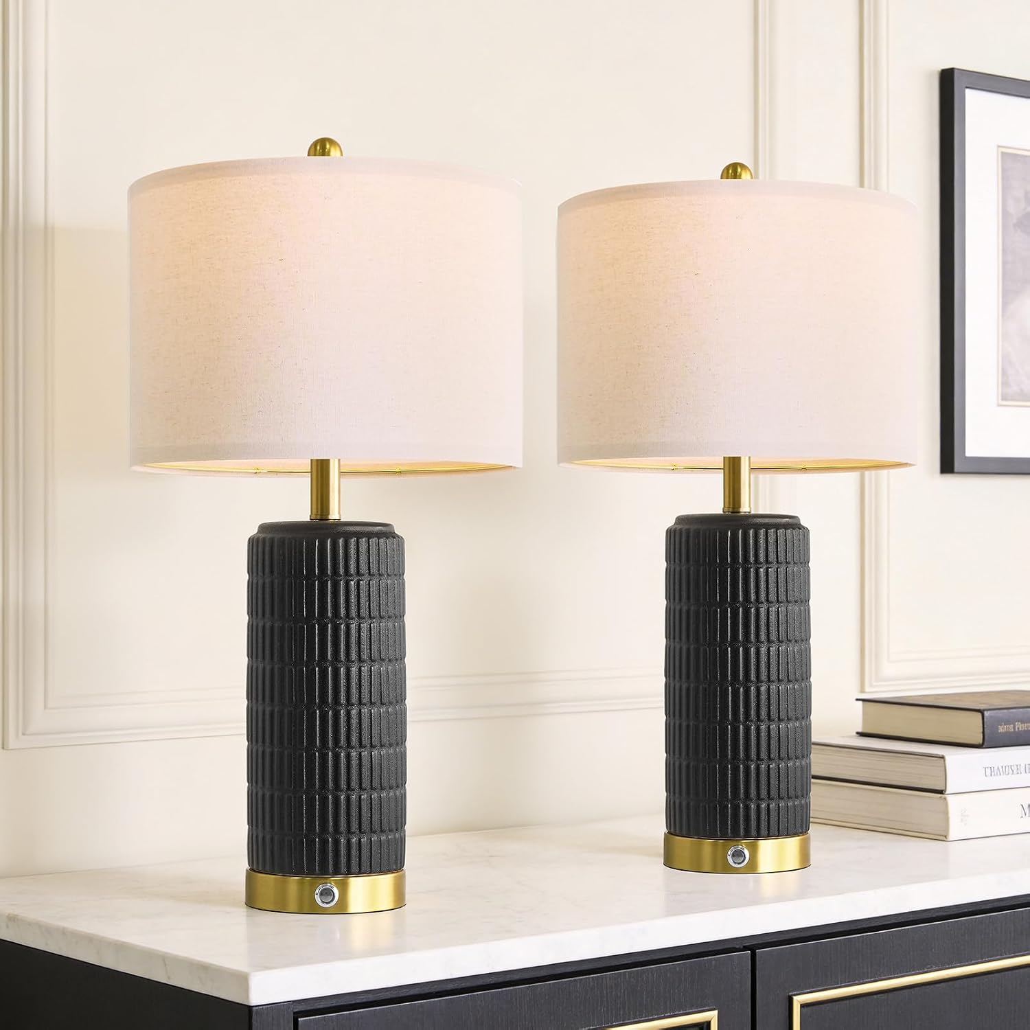 PoKat Ceramic Table Lamps Set of 2 for Living Room, 25'' Modern Touch Bedside Lamps for Bedroom with 2 USB Ports, Farmhouse Black…