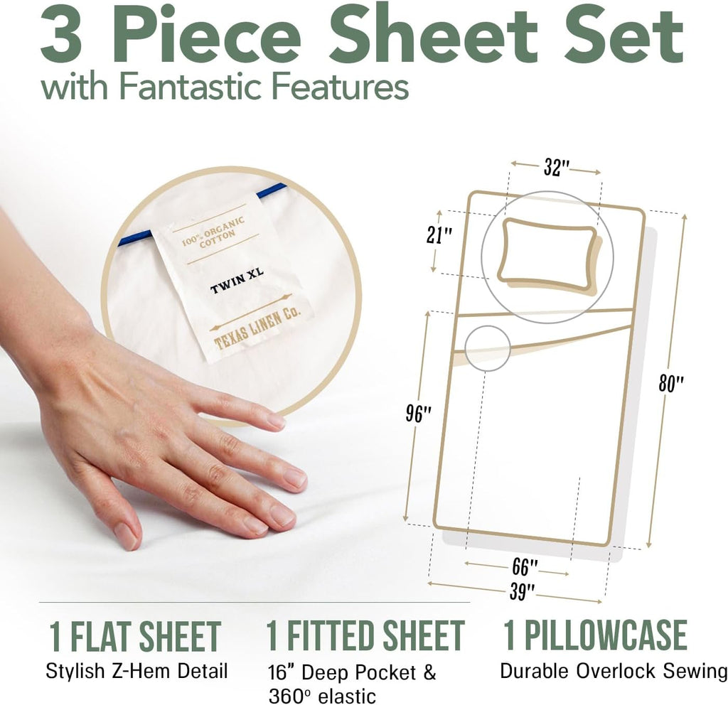 TEXAS LINEN CO. 100% Organic Cotton Percale Sheets Twin XL Size Pack or 2 - Soft & Crisp Organic Cotton Sheets Twin XL Size (6 PC, Light…