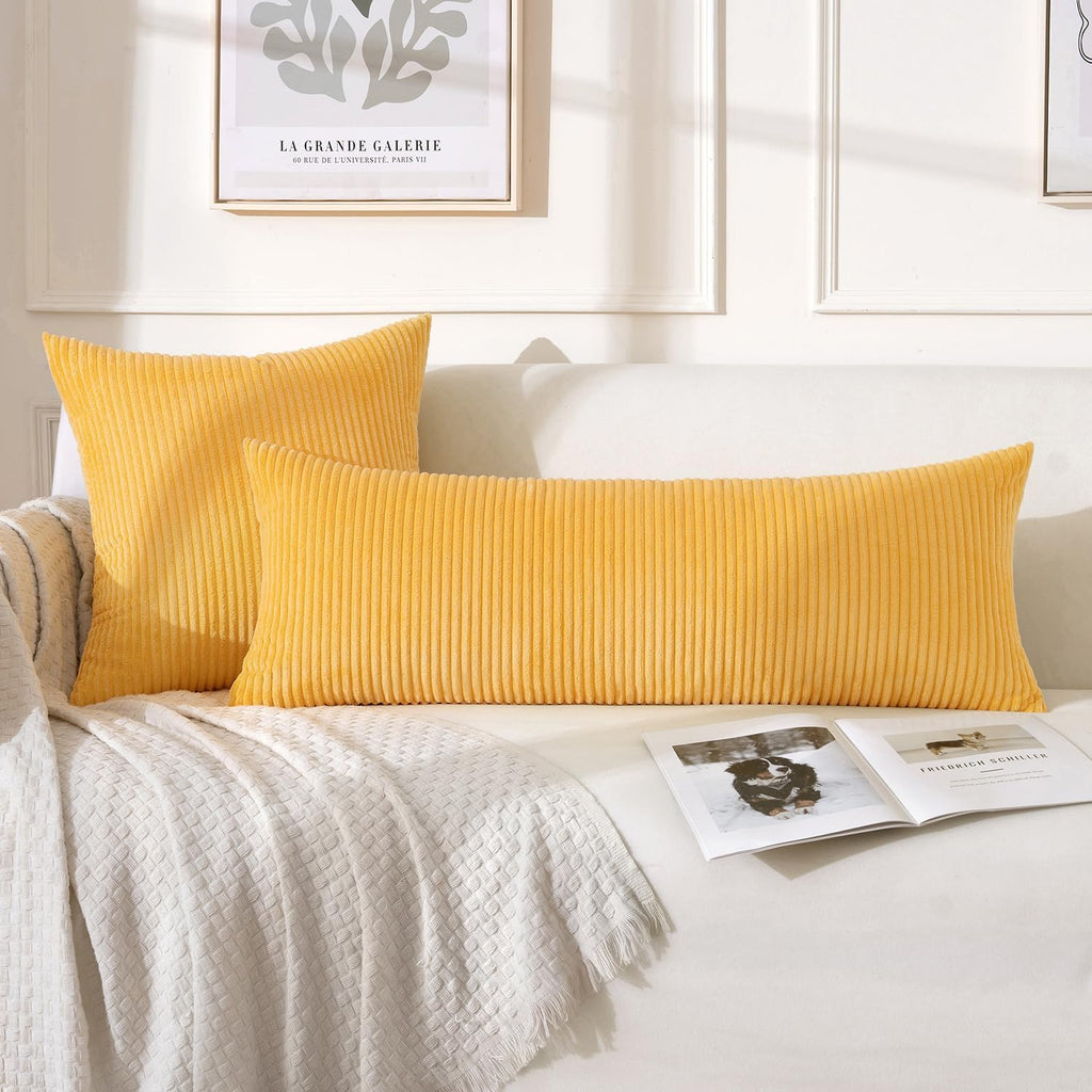 MIULEE Decorative Long Body Lumbar Throw Pillow Cover 14x36 Inch for Bed Couch Bedroom Bench, Soft Corduroy Rectangle Golden Yellow…