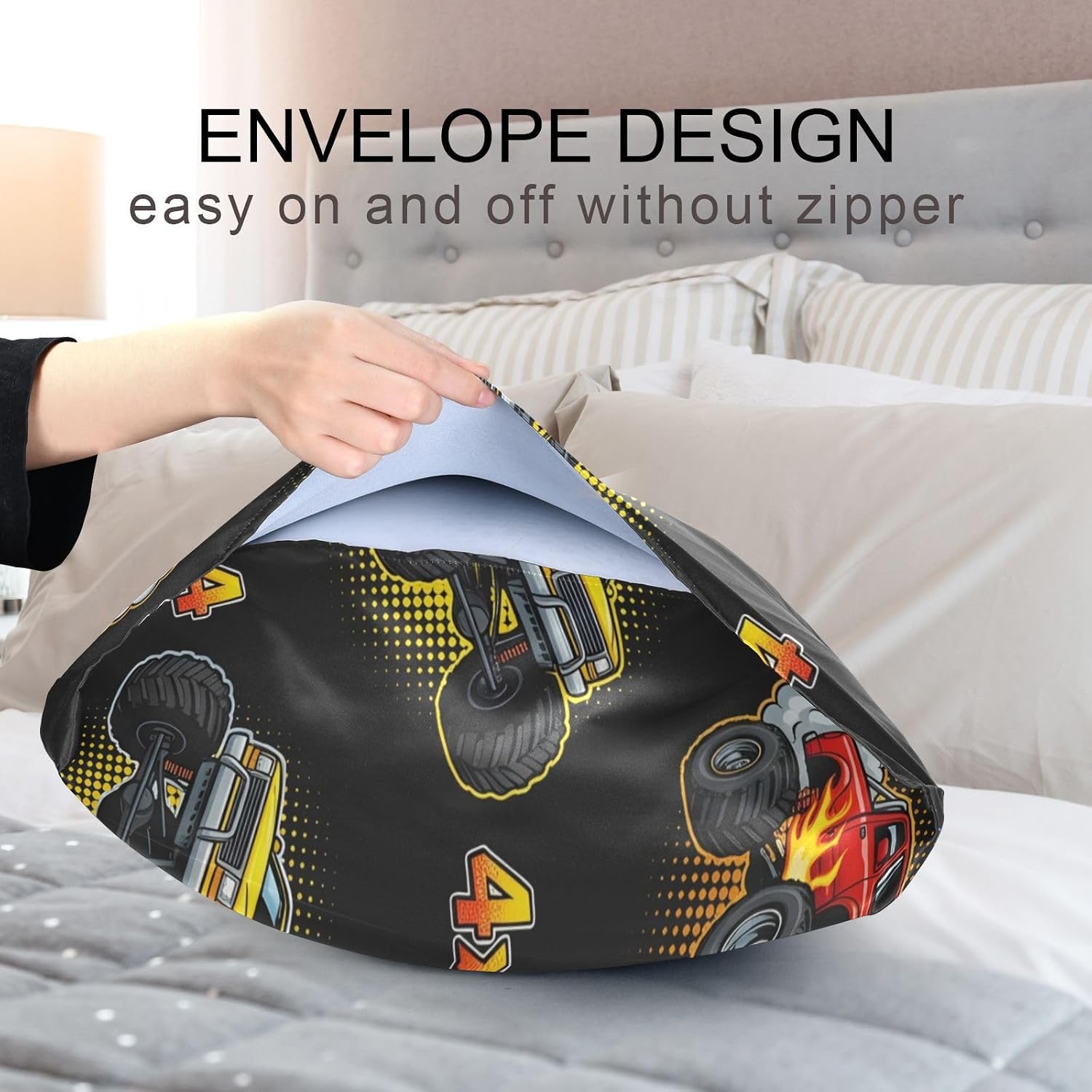 Monster Truck Fire Black Print Pillow Covers Silk Pillowcase for Hair and Skin Soft Breathable Smooth Cooling Satin Pillowcase King Size…