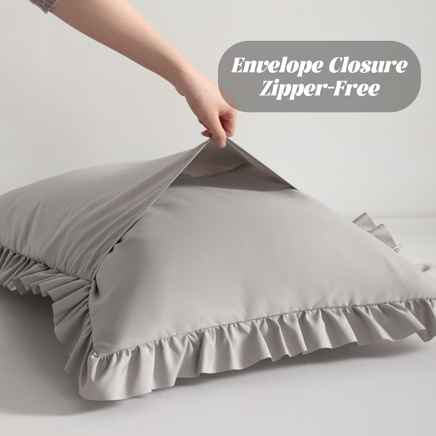 Bedsum Ruffled Pillow Shams Standard 20x26 Set of 2 Brushed Microfiber Pillowcases with Envelope Closure Soft Wrinkle-Resistant Light Grey…
