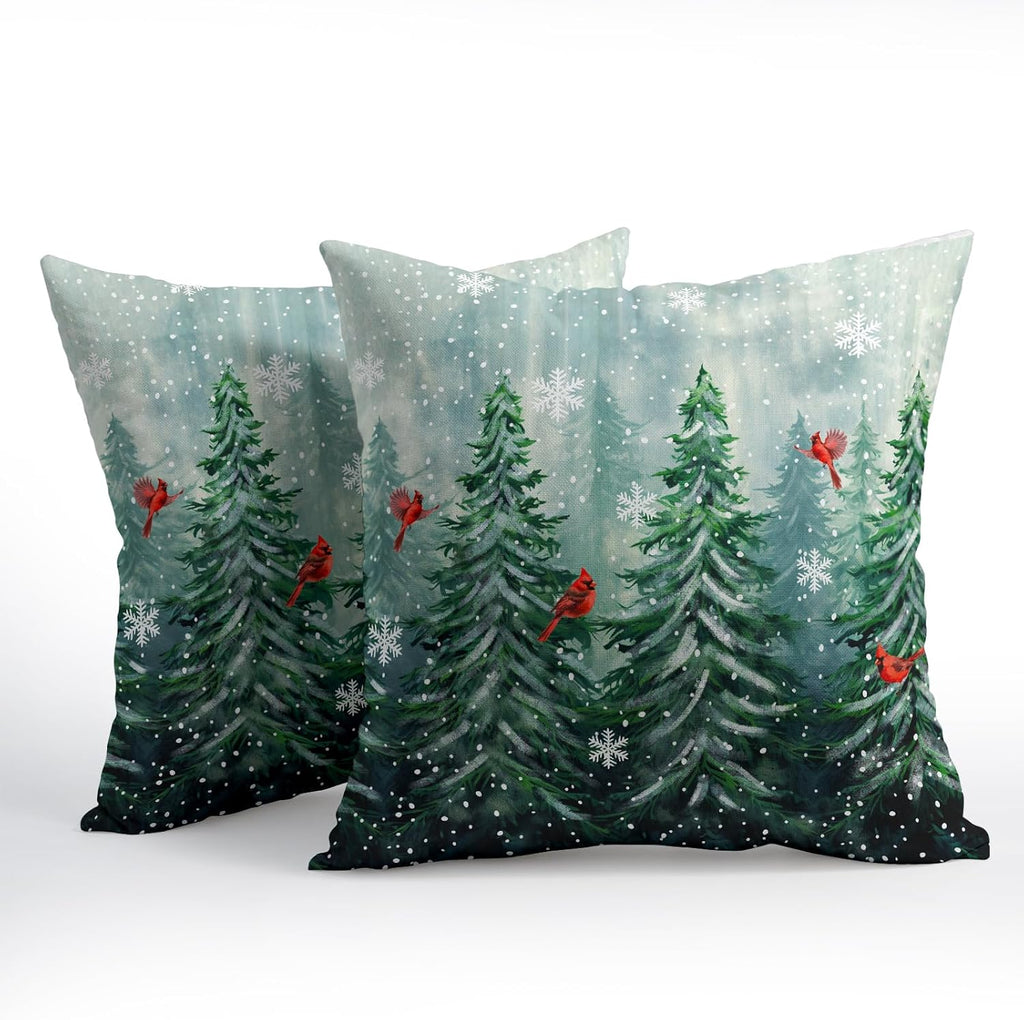 Watercolor Tree Throw Pillow Cover 24x24 inch Set of 2 Christmas Dark Green Trees Pillowcases Winter Red Bird Snowflake Decorative…
