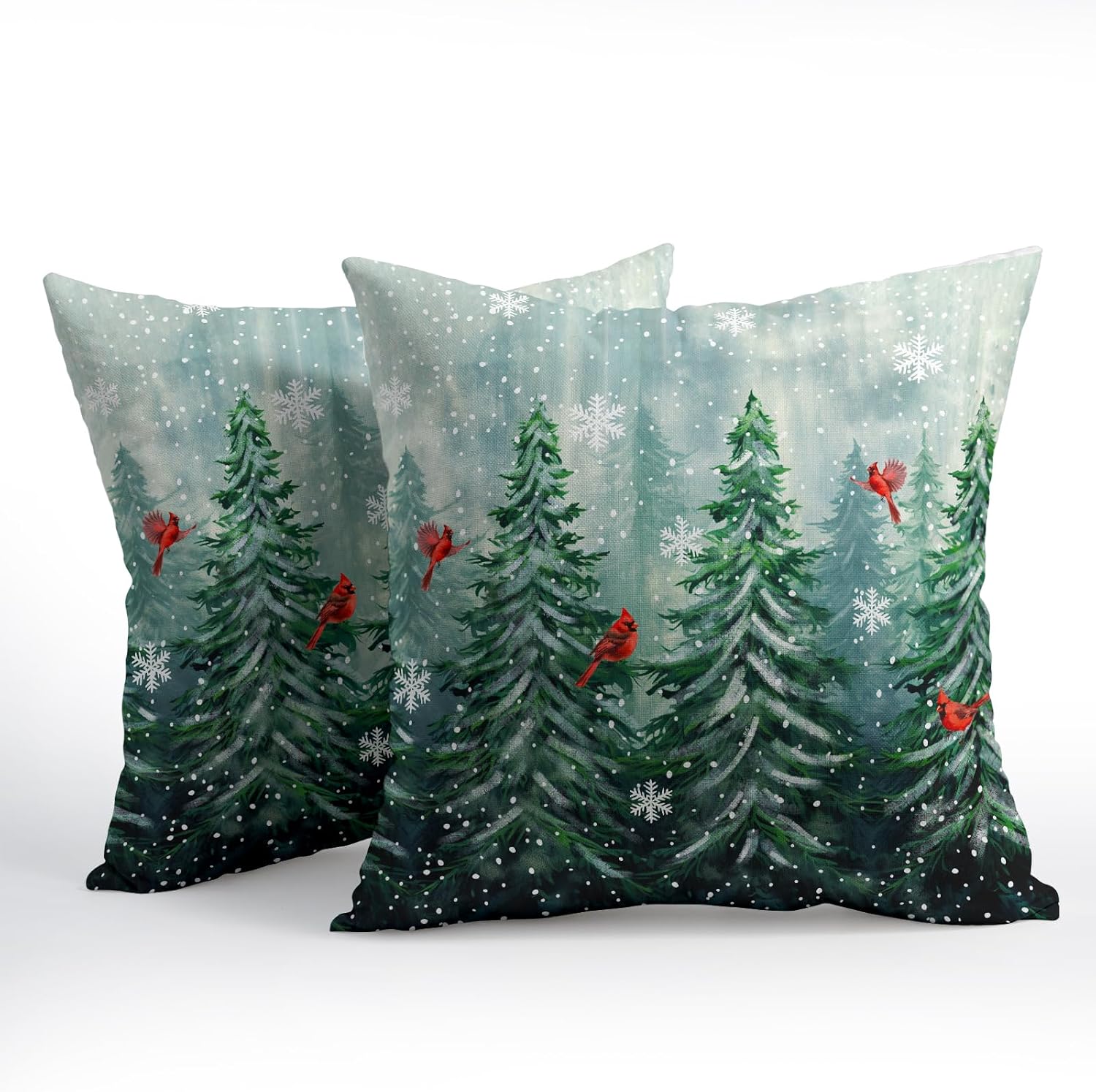 Watercolor Tree Throw Pillow Cover 24x24 inch Set of 2 Christmas Dark Green Trees Pillowcases Winter Red Bird Snowflake Decorative…