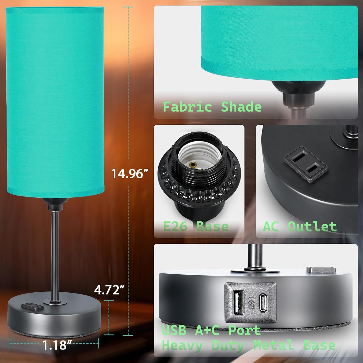 Table Lamp with USB Port - Teal Desk Lamp, Green Touch Lamp, Bedside Lamps, 3 Way Dimmable Small Lamps for Bedroom, Nightstand, Nursery…