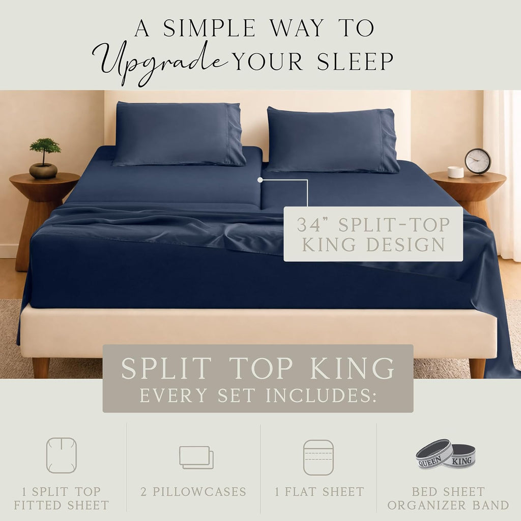 KARISSA MAE Pure Viscose from Bamboo 34" Split Top King Size Sheet Set | 100% FSC Certified | Luxuriously Soft | Cooling | 18" Deep…