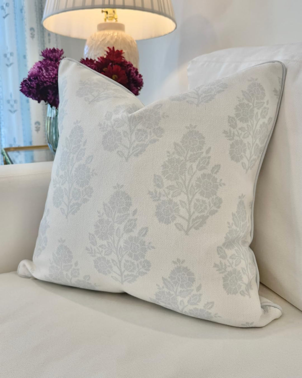 Jillien Harbor “The Patty” Floral Block Print Pillow Cover – Neutral Gray Decorative Throw Pillow Cover with White Background –…
