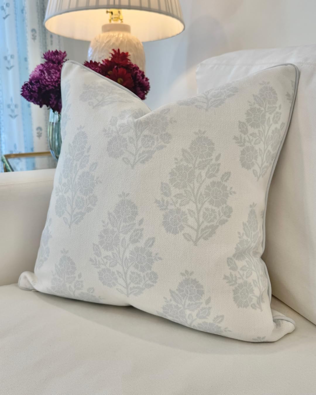 Jillien Harbor “The Patty” Floral Block Print Pillow Cover – Neutral Gray Decorative Throw Pillow Cover with White Background –…