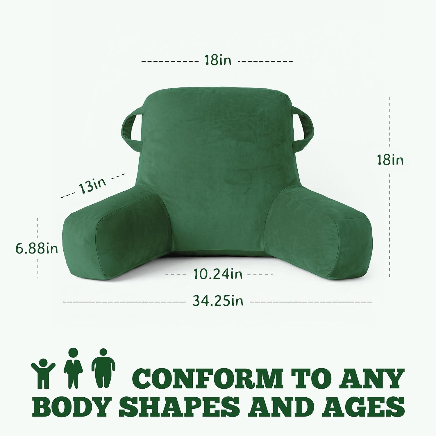 Unisakey Portable Comfy Reading Pillows for Bed Sitting Up(Green Oeko-Tex), Velvet Back Pillow with Arms & Pockets for Adults, Support…