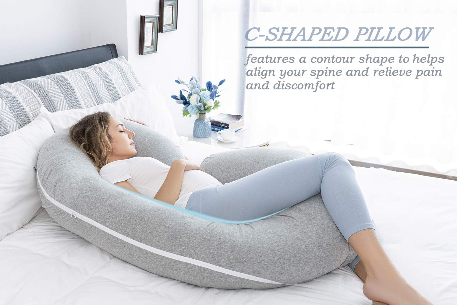 INSEN Pregnancy Pillow for Sleeping, Maternity Pillow with Jersey Cotton Cover, C Shaped Body Pillow for Pregnant (Natural Gray)
