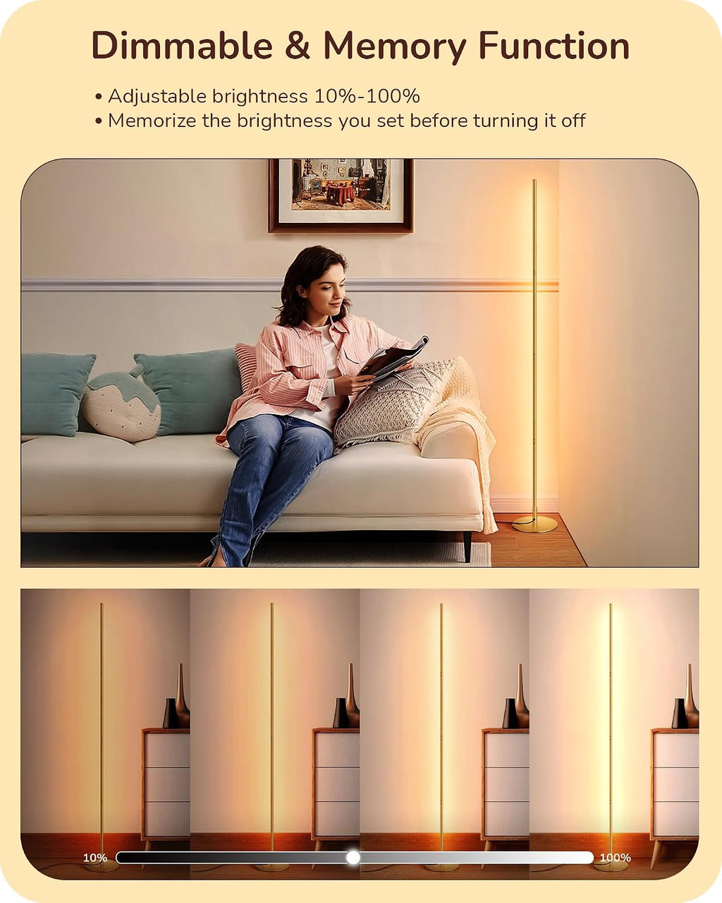 Edishine LED Corner Floor Lamp, Modern Dimmable Light, Adjustable Height, 57.5" Minimalist Tall Lamp for Living Room, Bedroom, Office,…