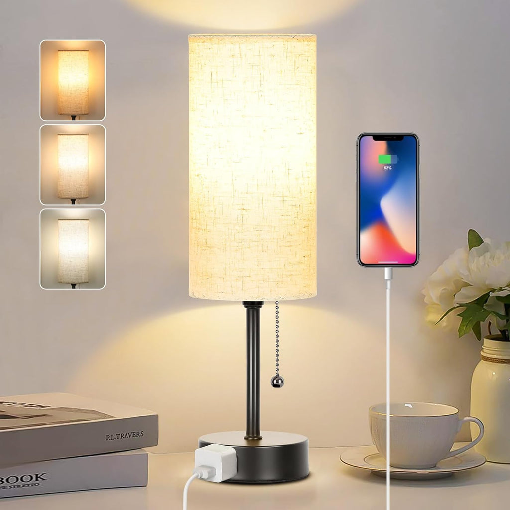 Bedside Table Lamp for Bedroom, 3-Color Small Lamps with Pull Chain, Bedroom Table Lamps for Night stands, Desk Reading Light AC Outlet…