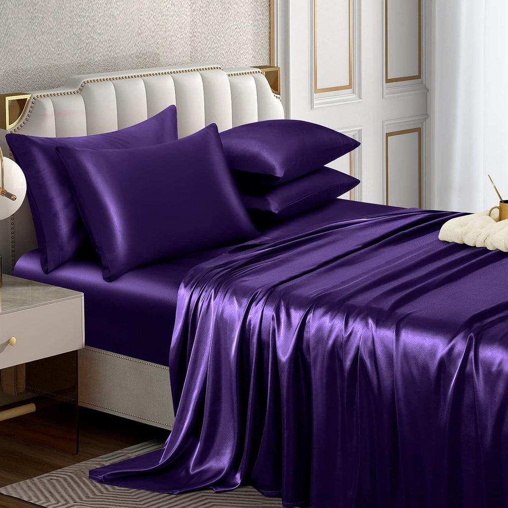 Horbaunal 6 Piece Satin Sheet Set Queen Size Luxury Silky & Soft Purple Satin Queen Bed Sheet Set with 16" Deep Pocket, 1 Fitted Sheet, 1 F…