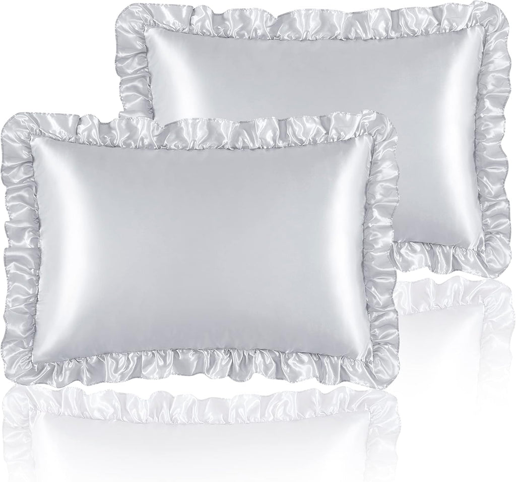 HommxJF Silky Satin Ruffled Pillow Cases for Hair and Skin, Light Gray Silk Pillowcases Standard Set of 2 with Envelope Closure Princess Roo…