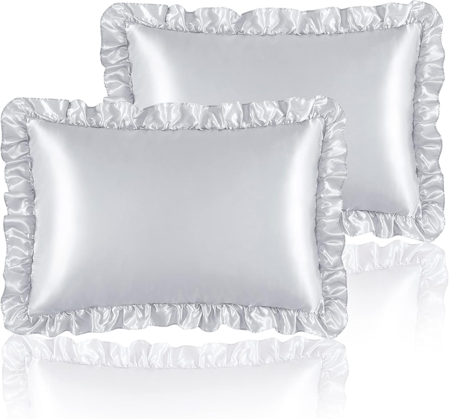 HommxJF Silky Satin Ruffled Pillow Cases for Hair and Skin, Light Gray Silk Pillowcases Standard Set of 2 with Envelope Closure Princess Roo…