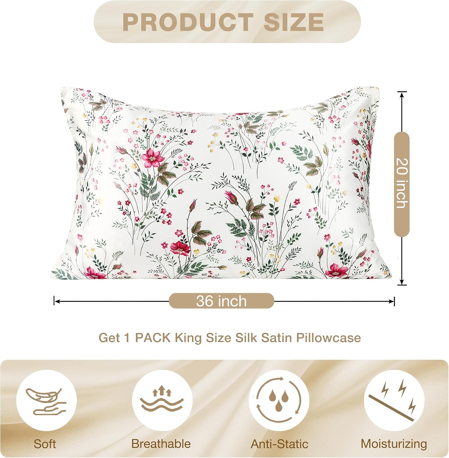 MANSPHIL Farmhouse King Size Silk Pillow Cases, Printed 22 Momme Mulberry Silk Top with Satin Underside Pillowcase for Hair and Skin…