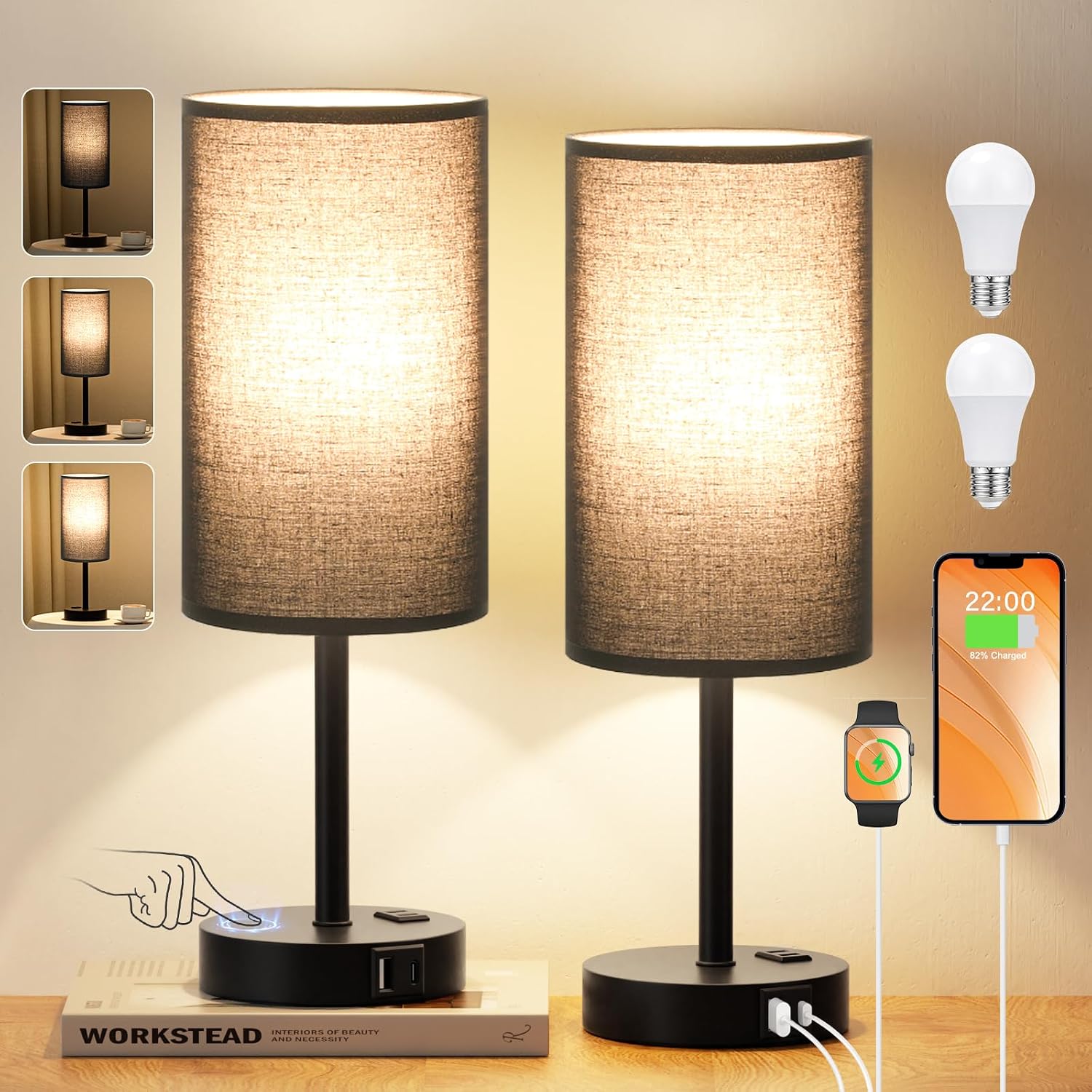 17.4inches Tall Black Touch Table Lamps Set - 3 Way Dimmable Bedside Lamps with USB C and A Ports, Small Lamps for Nightstand with AC…