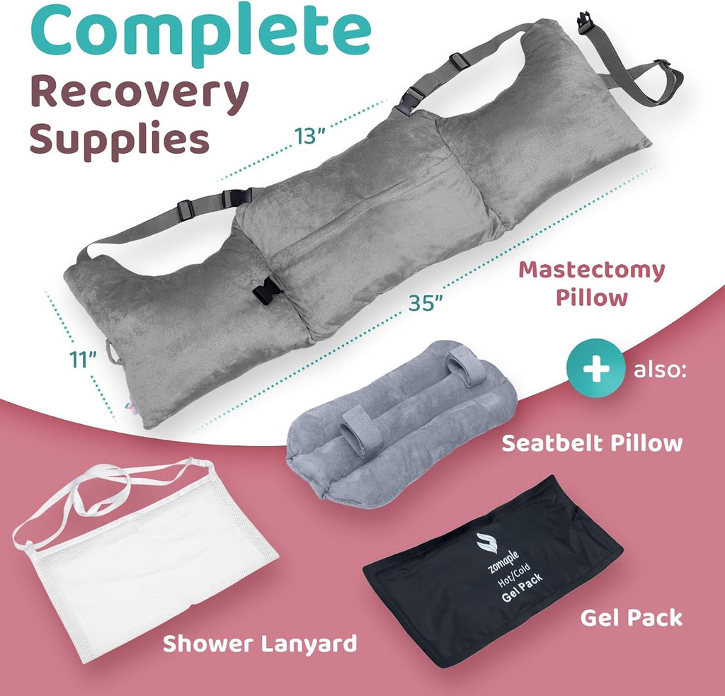 Zomaple Mastectomy Recovery Pillow with Strap, Gel Pack, Seat Belt Cover & Shower Lanyard – Post-Op Essentials, Breast Augmentation/Reducti…