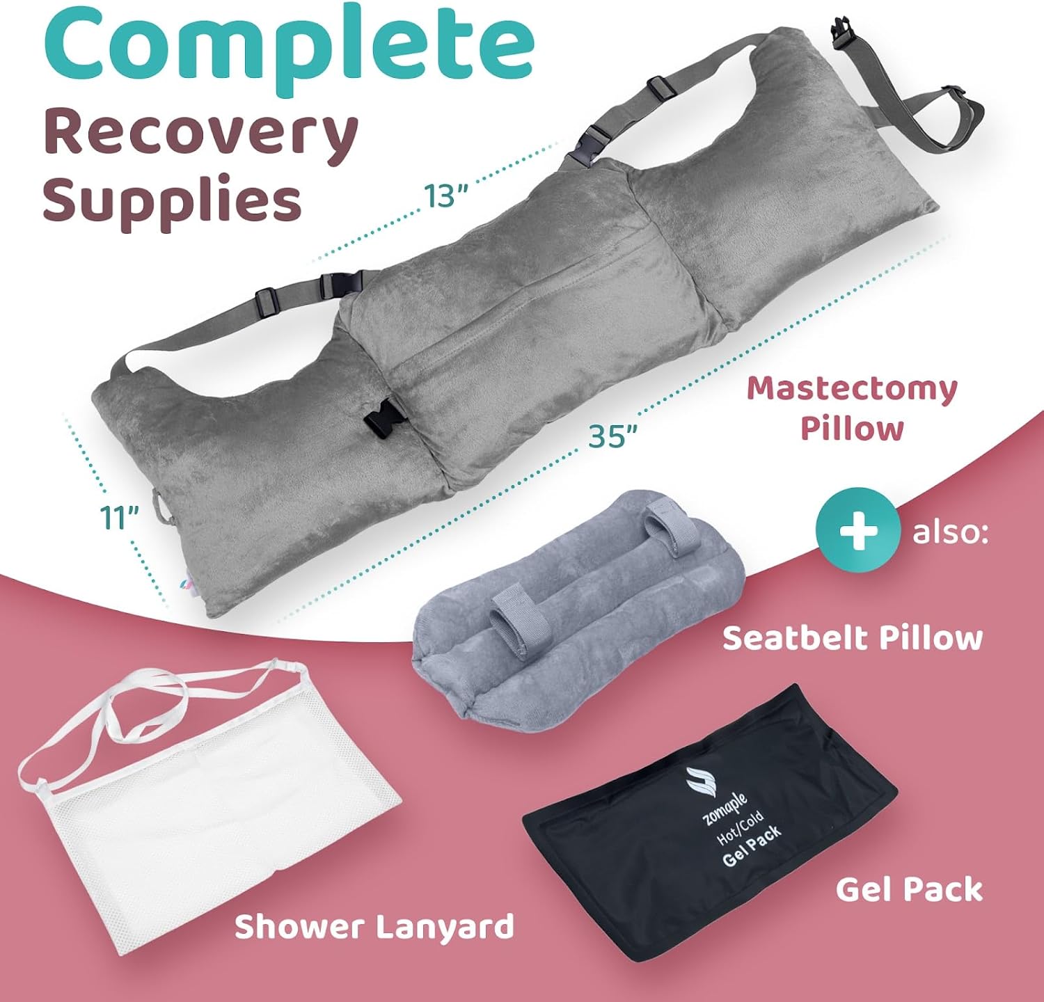 Zomaple Mastectomy Recovery Pillow with Strap, Gel Pack, Seat Belt Cover & Shower Lanyard – Post-Op Essentials, Breast Augmentation/Reducti…