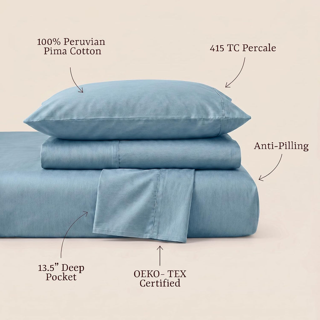 Perupima Peru Pima 415 Thread Count Percal Queen Sheet Set - 100% Peruvian Pima Cotton, 4 Piece (Flat, Fitted, 2 Pillowcases) - Cooling, Cr…