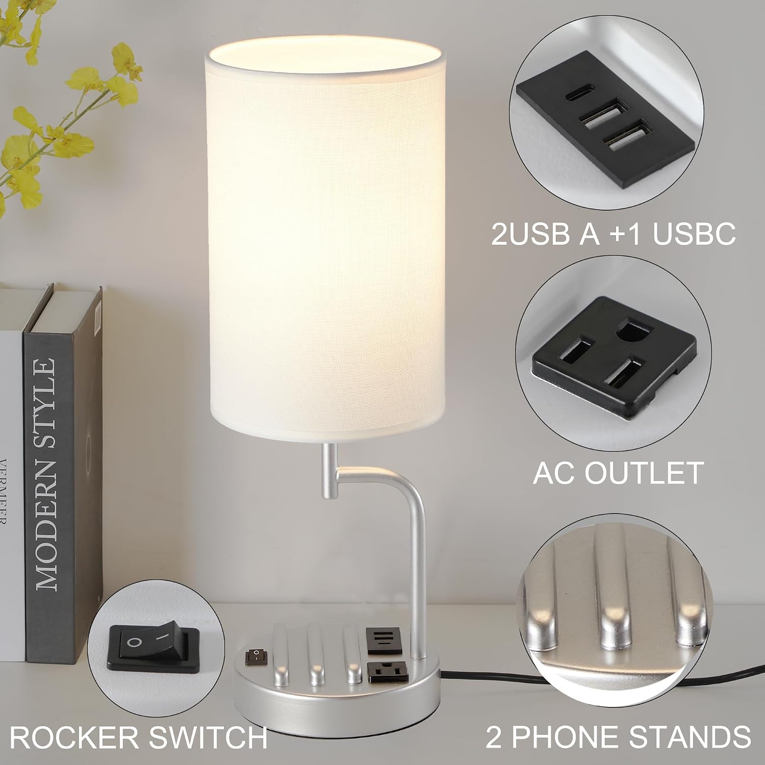 Dreamholder Table Lamp with 3 USB Charging Ports, Modern Desk Lamp with AC Outlet and Phone Stands, Perfect Bedside Lamp for Bedroom…