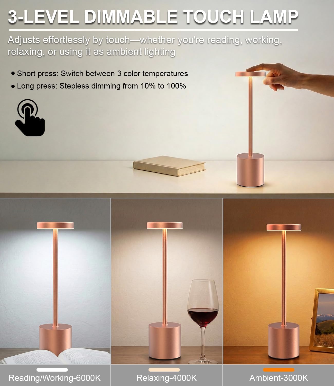 Cordless Table Lamps Rechargeable Set of 2, Portable LED Desk Lamp, 5000mAh Battery Powered Wireless Table Light - 3 Color Dimmable…