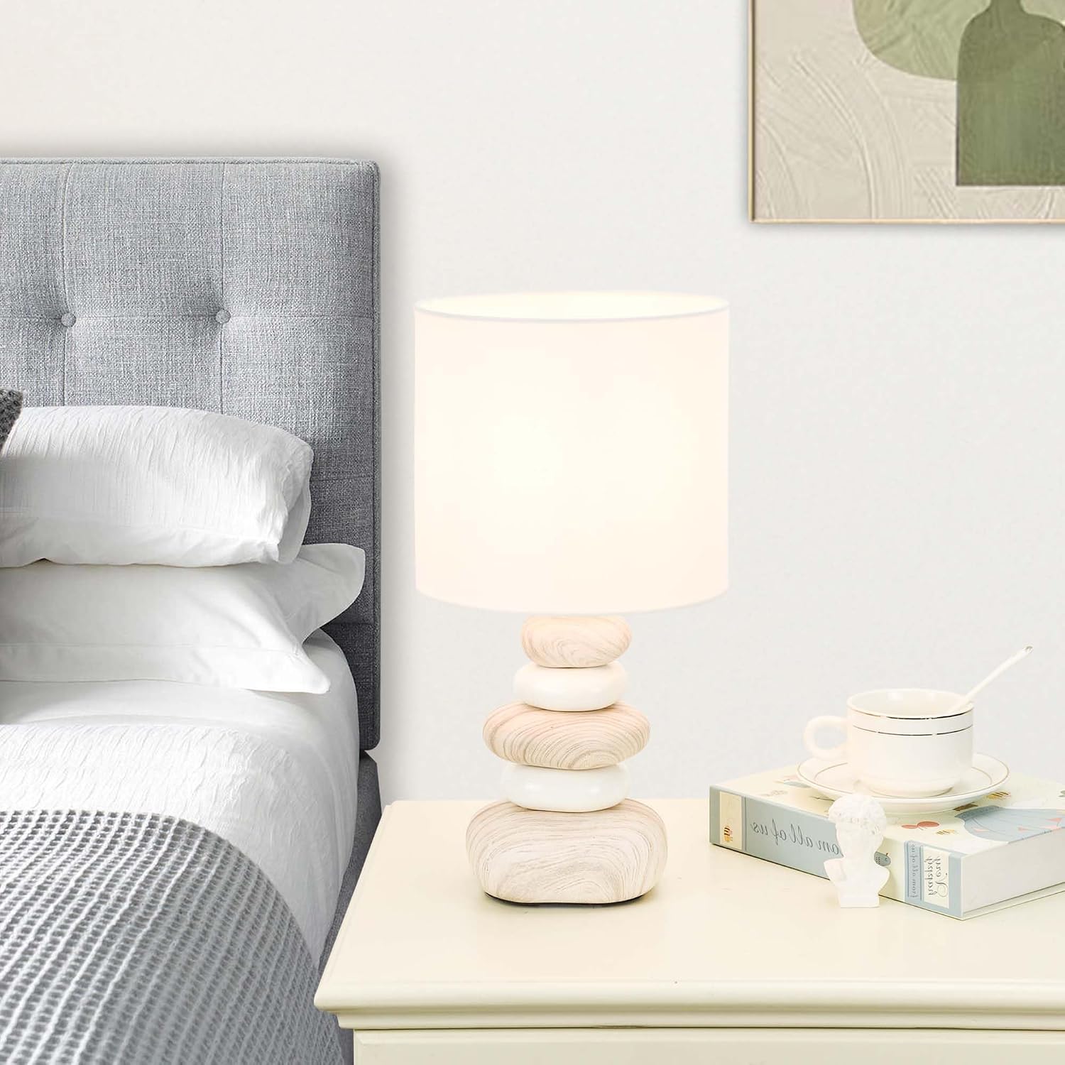 Stoney Ceramic Table Lamp for Living Room as Modern Kids Night Bedside Table Lamp for Bedroom, Φ7.09×H13.58IN, Bulb Excluded, Light Wood