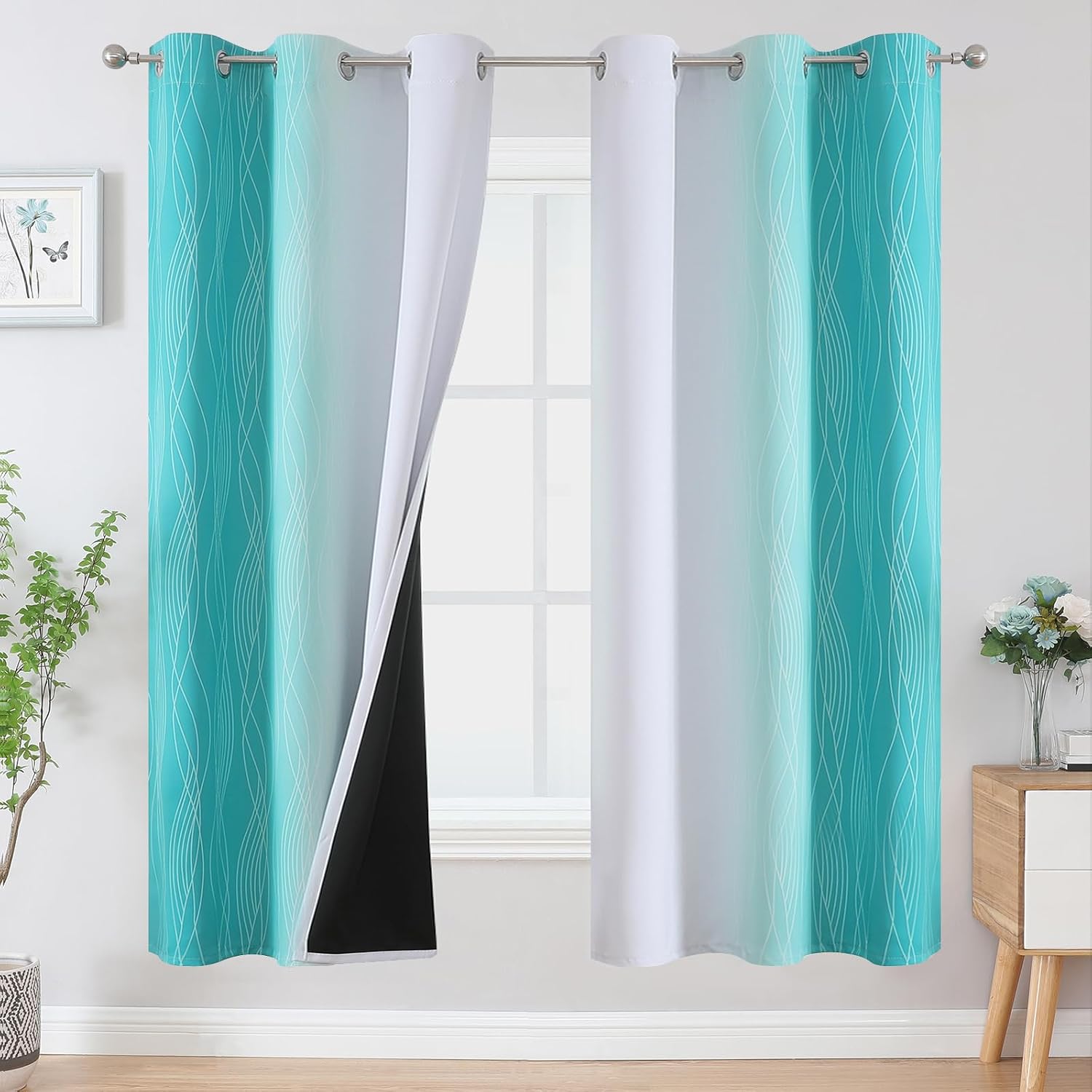Estelartextiler Estelar Textiler Teal and Greyish White Ombre Blackout Curtains 72 Inches Length for Bedroom, Thermal Insulated Light Block…