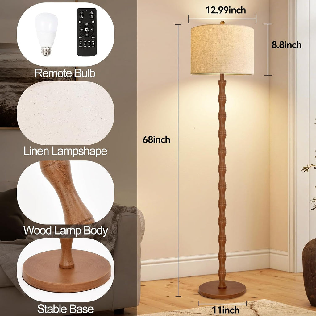 QIYIZM Wood Floor Lamp for Living Room, Bedroom, Vintage Standing Lamp with Remote Dimmable, Farmhouse Mid Century Tall Lamp Rustic…