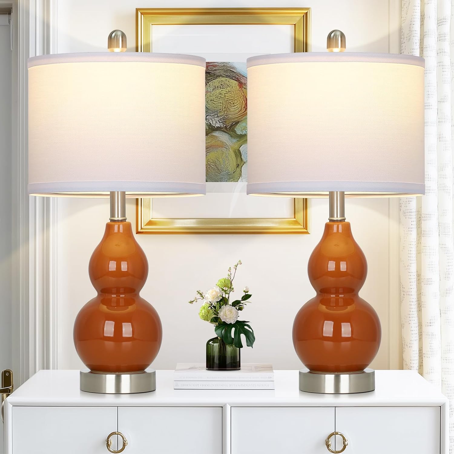 Rinweey Double Gourd Ceramic Table Lamps Set of 2, Modern Red Bedside Lamps for Night Stand, Contemporary Nightstand Lamps for Bedroom…