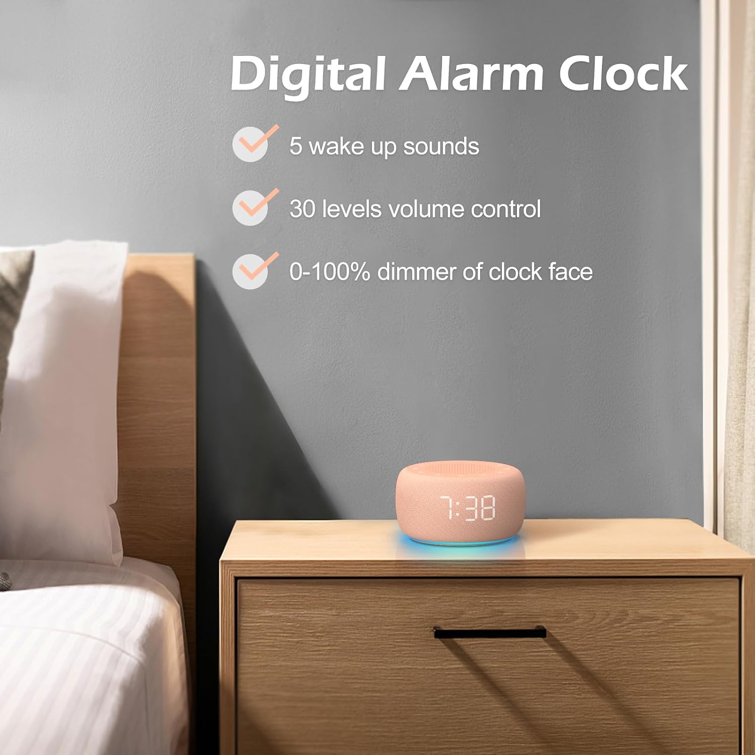 Buffbee Sound Machine & Alarm Clock 2-in-1, 0-100% Clock Face Brightness, Bottom Colored Light, Sleep Timer, Precise 30-Level Volume…