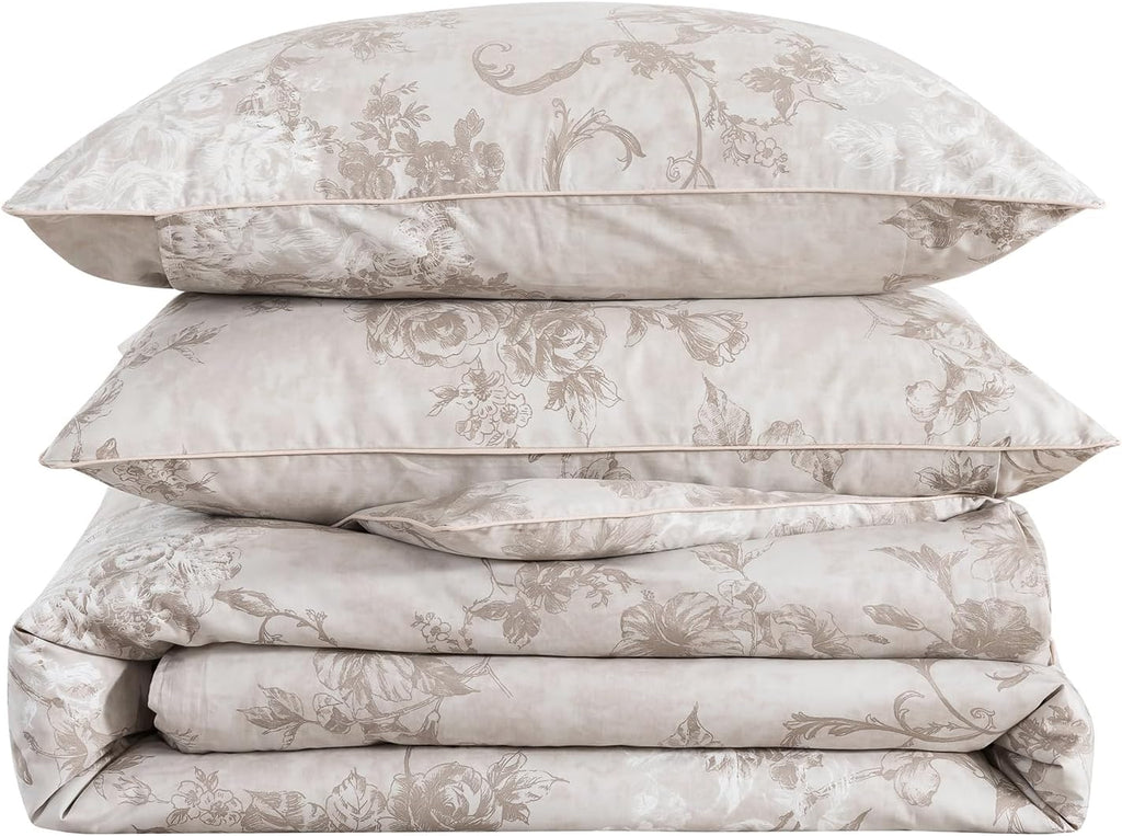 Puralens Vintage Greige Floral Percale Duvet Cover Queen 3Pcs, 100% Cotton Flower Print Farmhouse Comforter Cover Set, Soft Crisp Reversibl…
