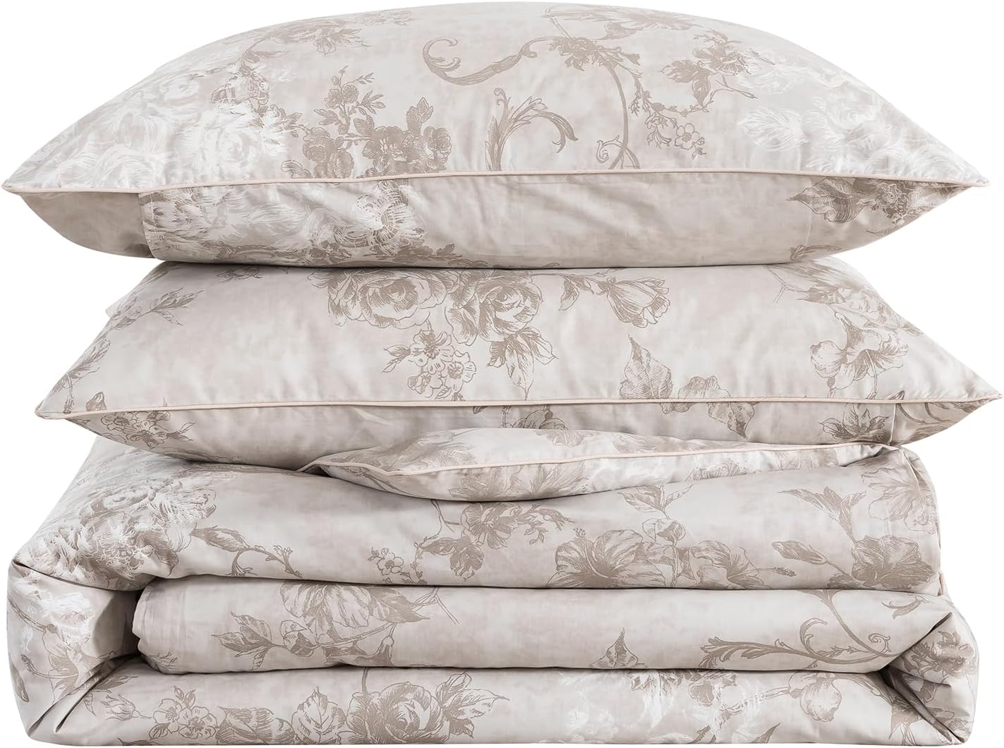 Puralens Vintage Greige Floral Percale Duvet Cover Queen 3Pcs, 100% Cotton Flower Print Farmhouse Comforter Cover Set, Soft Crisp Reversibl…