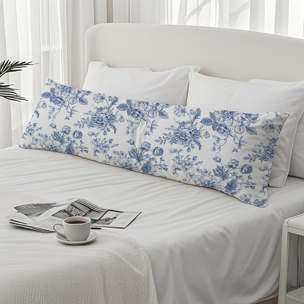 Vintage Blue Floral Chinoiserie 20x54 Body Pillow Cover, Grandmillennial Home Decor, Chinoiserie Decor, Blue and White Flower…