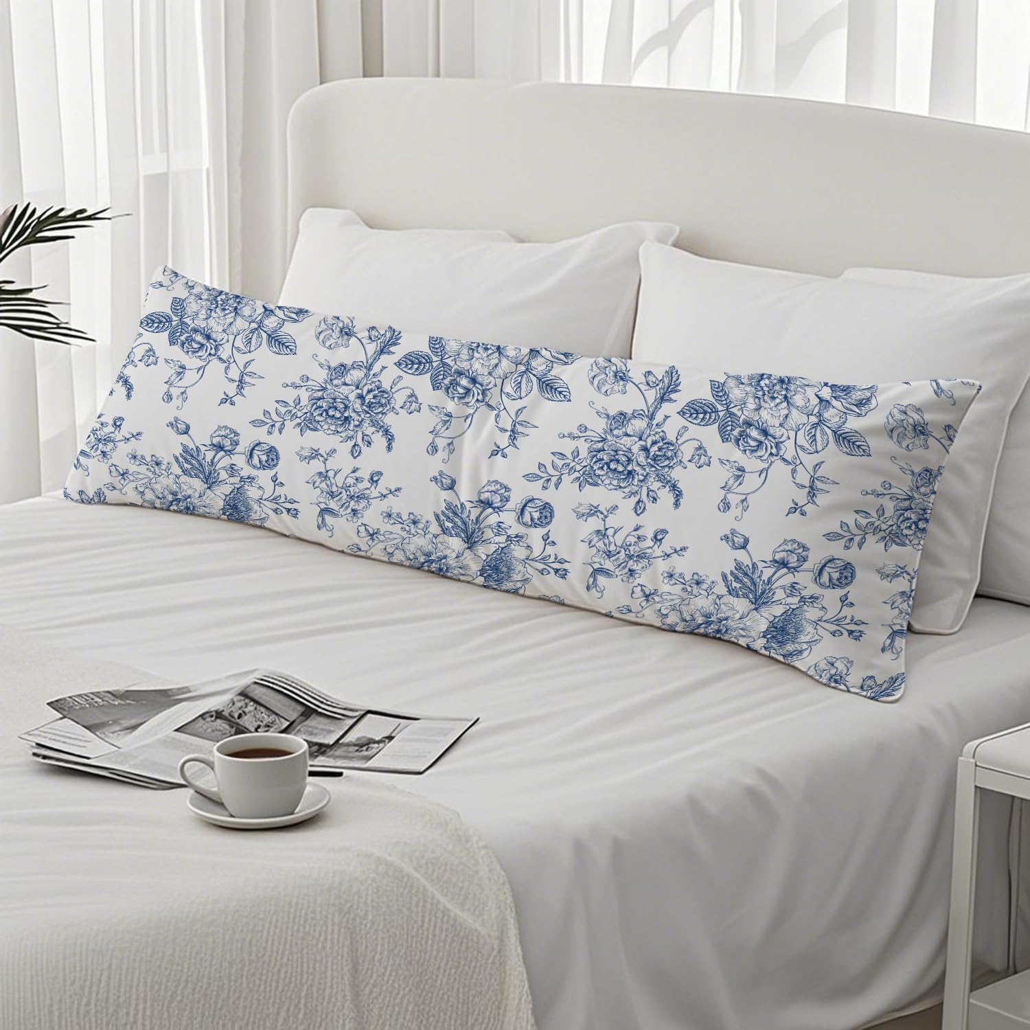 Vintage Blue Floral Chinoiserie 20x54 Body Pillow Cover, Grandmillennial Home Decor, Chinoiserie Decor, Blue and White Flower…