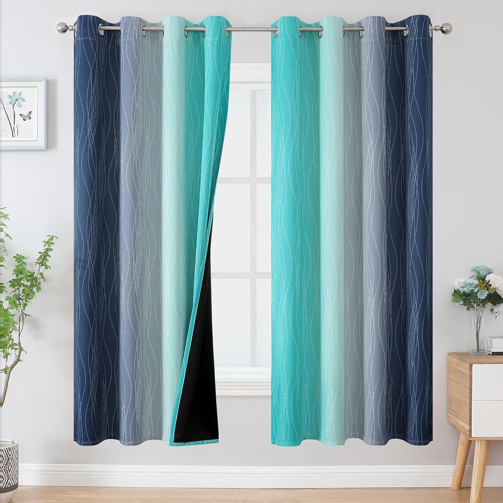 Estelartextiler Estelar Textiler Navy Blue and Teal Blackout Curtains 72 Inch Length 2 Panels Set, Full Room Darkening Grommet Ombre Curtai…