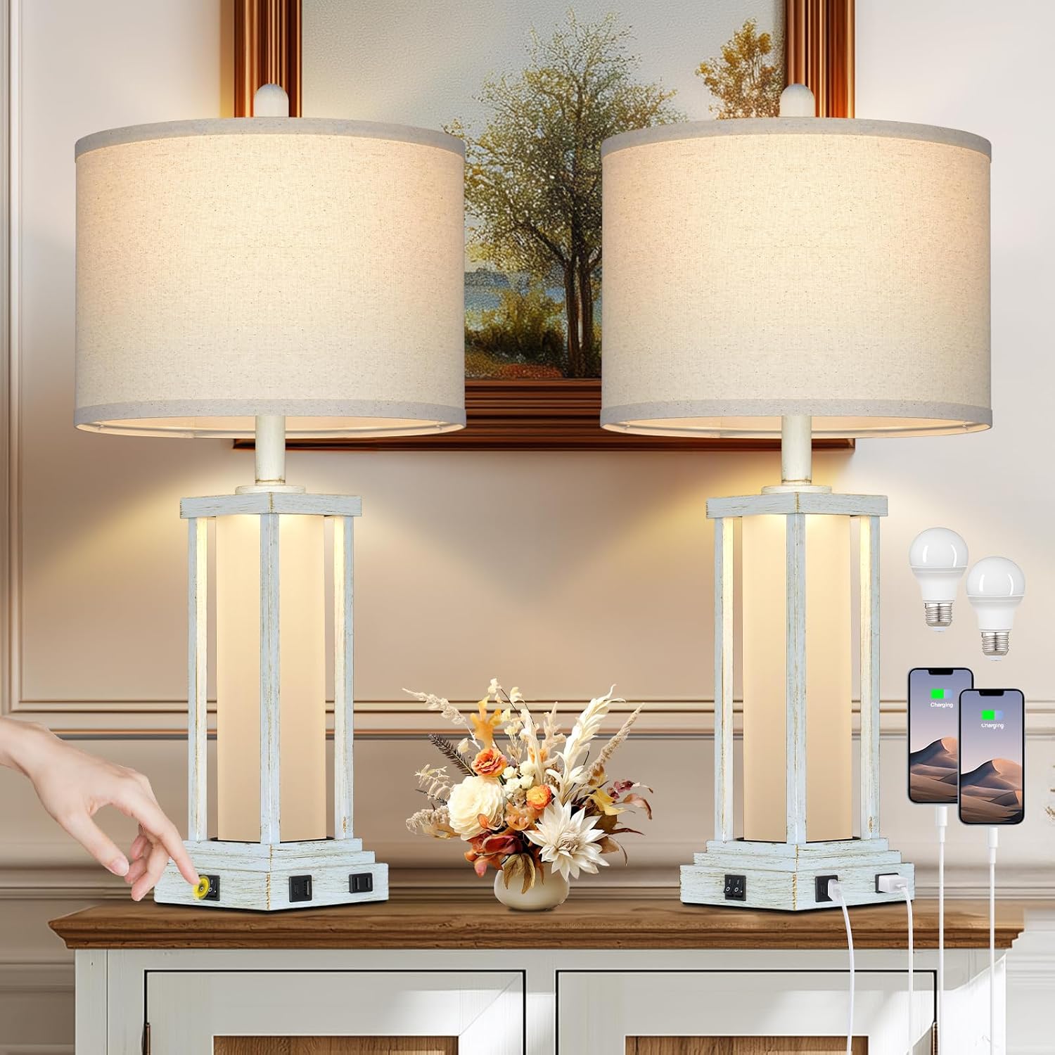 Cinkeda 27" Tall Vintage Table Lamp Set of 2 with USB C+A & Outlet, Nightstand Lamp for Living Room, Bedside Lamps with Frosted Glass Night…