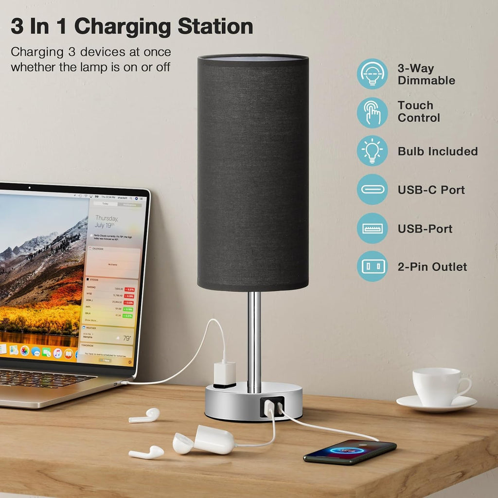 Black Bedroom Table Lamp for Bedside - 3 Way Dimmable Touch Lamp USB C A Charging Ports and AC Outlet, Small Desk Lamp for Nightstand for…