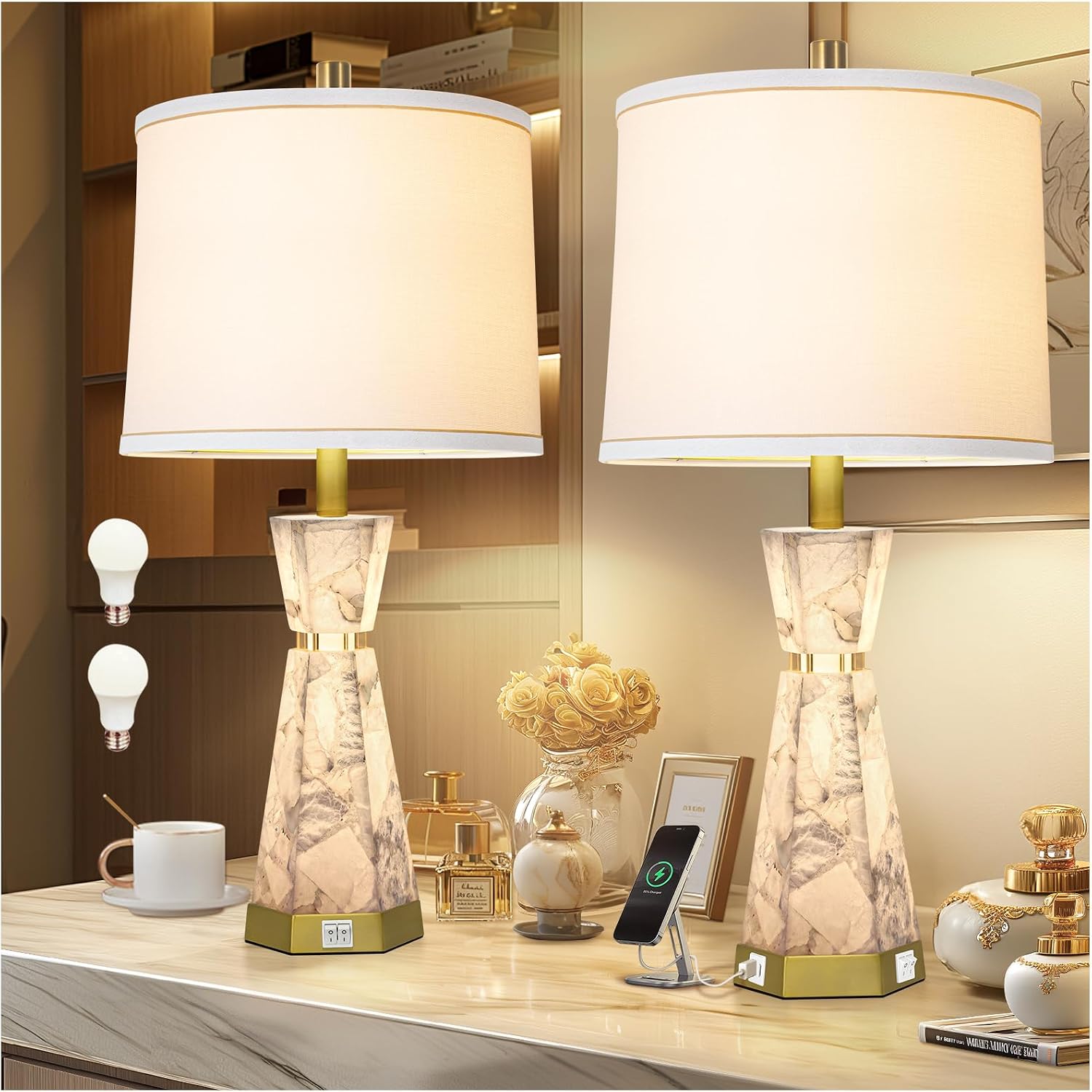 Natural Alabaster Table Lamp, Living Room Lamps Set of 2, Nightstand Lamp with Night Light, Lamps for Living Room With Linen Fabric…
