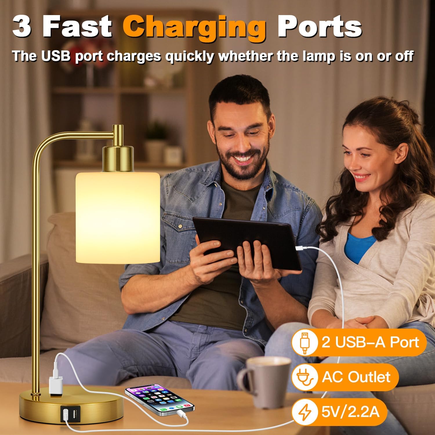 Set of 2 Industrial Touch Control Table Lamps with 2 USB Ports and AC Outlet - 3-Way Dimmable Gold Bedside Lamps Nightstand Desk Lamps…