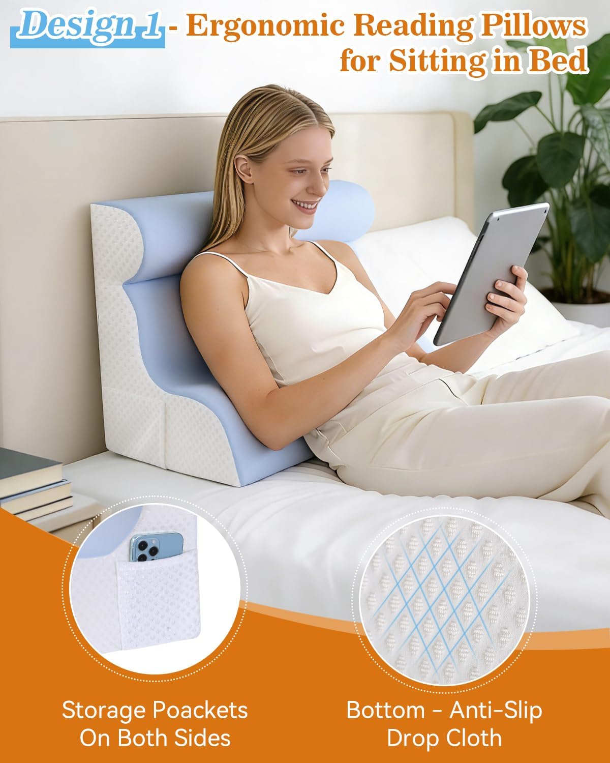 Reading Pillow for Sitting in Bed, Back Pillow for Sitting Up & Bed Wedge Pillow for Sleeping, Lumbar Rest & Neck Support Bed Pillows…
