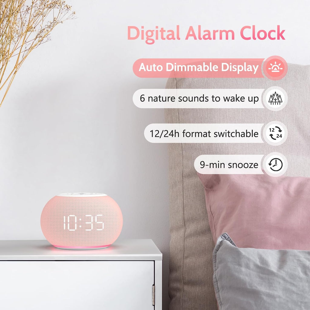 Reacher Auto Dimmable Sound Machine Alarm Clock with Night Lights, 20 Soothing Sounds, Sleep Timer, Precise Volume Control, Cute White…