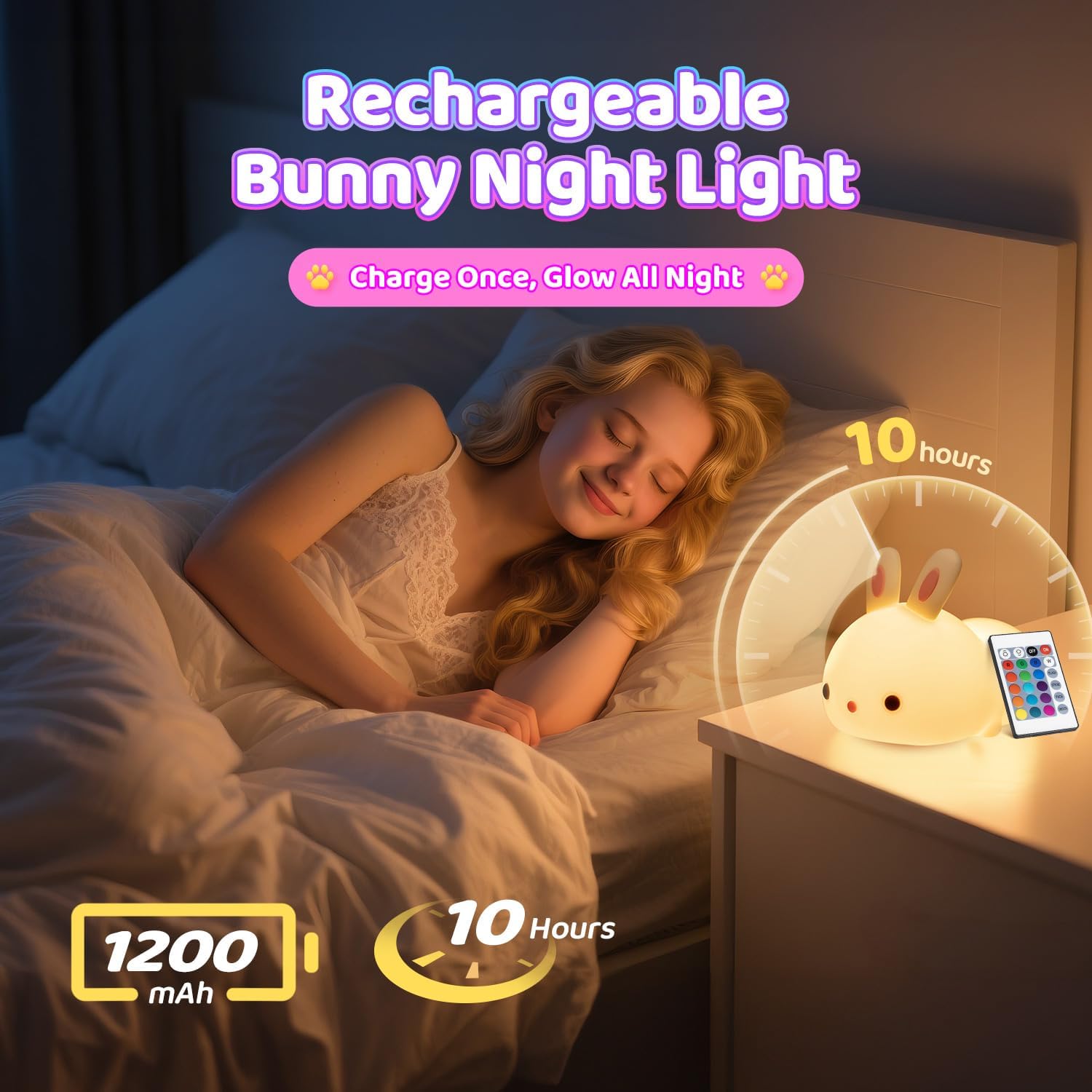 One Fire Bunny Squishy Gifts for Kids Night Light with Remote, 16 Colors+5 Brightness Cute Lamp, Fidget Bunny Stuff/Toys for Baby Toddler…