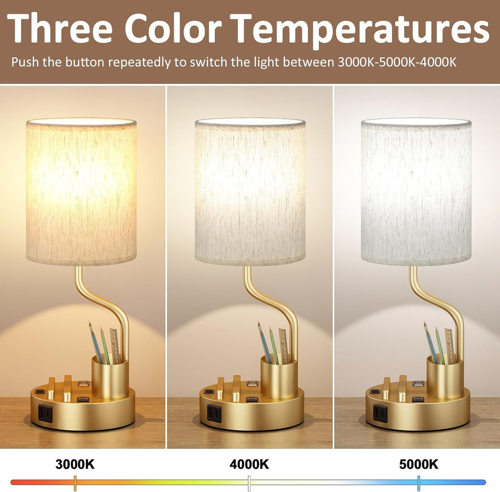 Gold Bedside Table Lamps for Bedroom Set of 2 - Nightstand Light with AC Outlet and USB A & C for Charging, 3 Color Temperatures Desk…