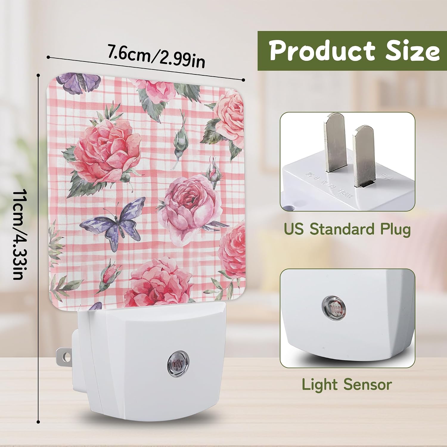 Pink Floral Gingham Night Lights Plug into Wall, Night Light for Bedroom Bathroom Hallway Kitchen, Auto Dusk to Dawn Sensor Decorative…