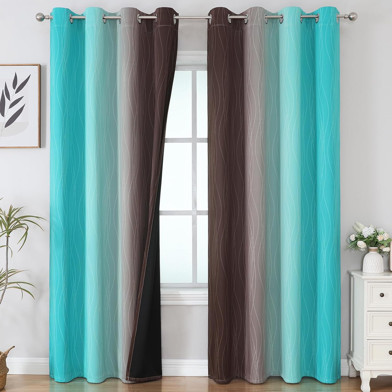 Estelartextiler Estelar Textiler Teal and Brown Blackout Curtains for Bedroom, Thermal Insulated Drapes 108 Inches Long, Full Light Blockin…