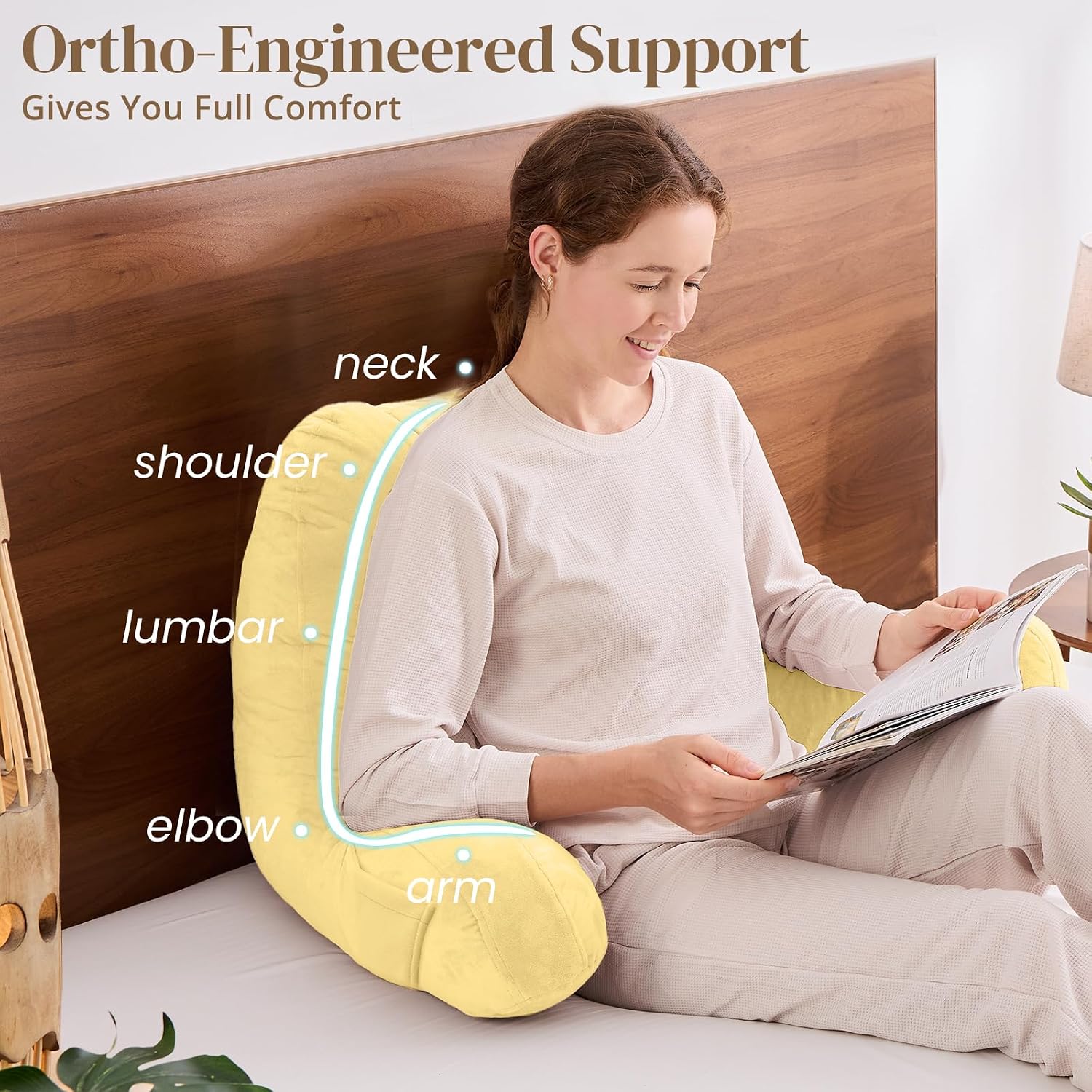 Sasttie Reading Pillow, Pillows for Reading or Relaxing – Ergonomic Support for Head, Neck, Back, and Lumbar, 21-Inch, Light Yellow