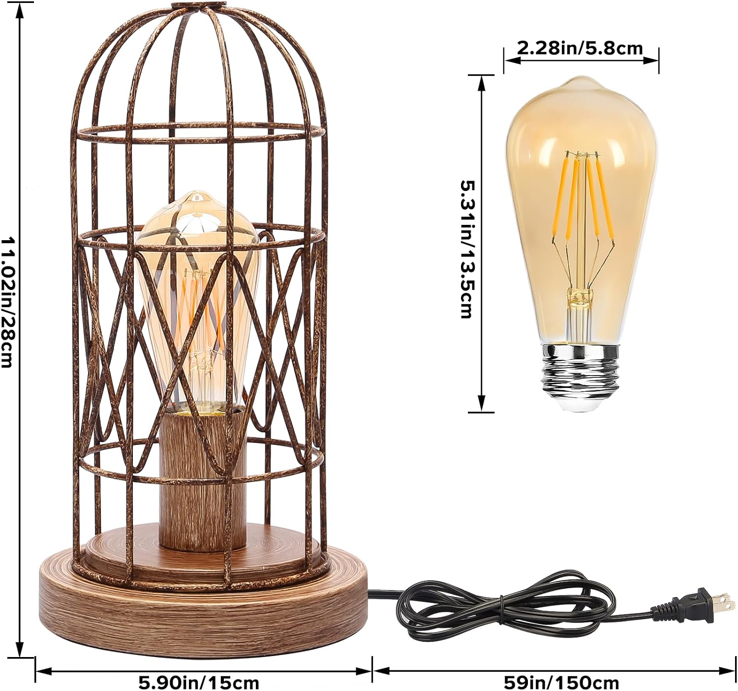 Touch Control Table Lamp for Small Spaces - 3 Way Dimmable Nightstand & Bedside Lamp for Bedroom & Living Room, Rustic Wood Cage Shade…