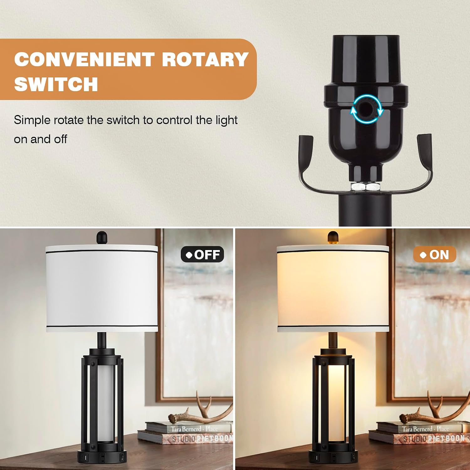 26" Modern Table Lamp with USB A+C Charging Ports & AC Outlet, Industrial Beside Contemporary Lamp Glass LED Night Light for Living Room…