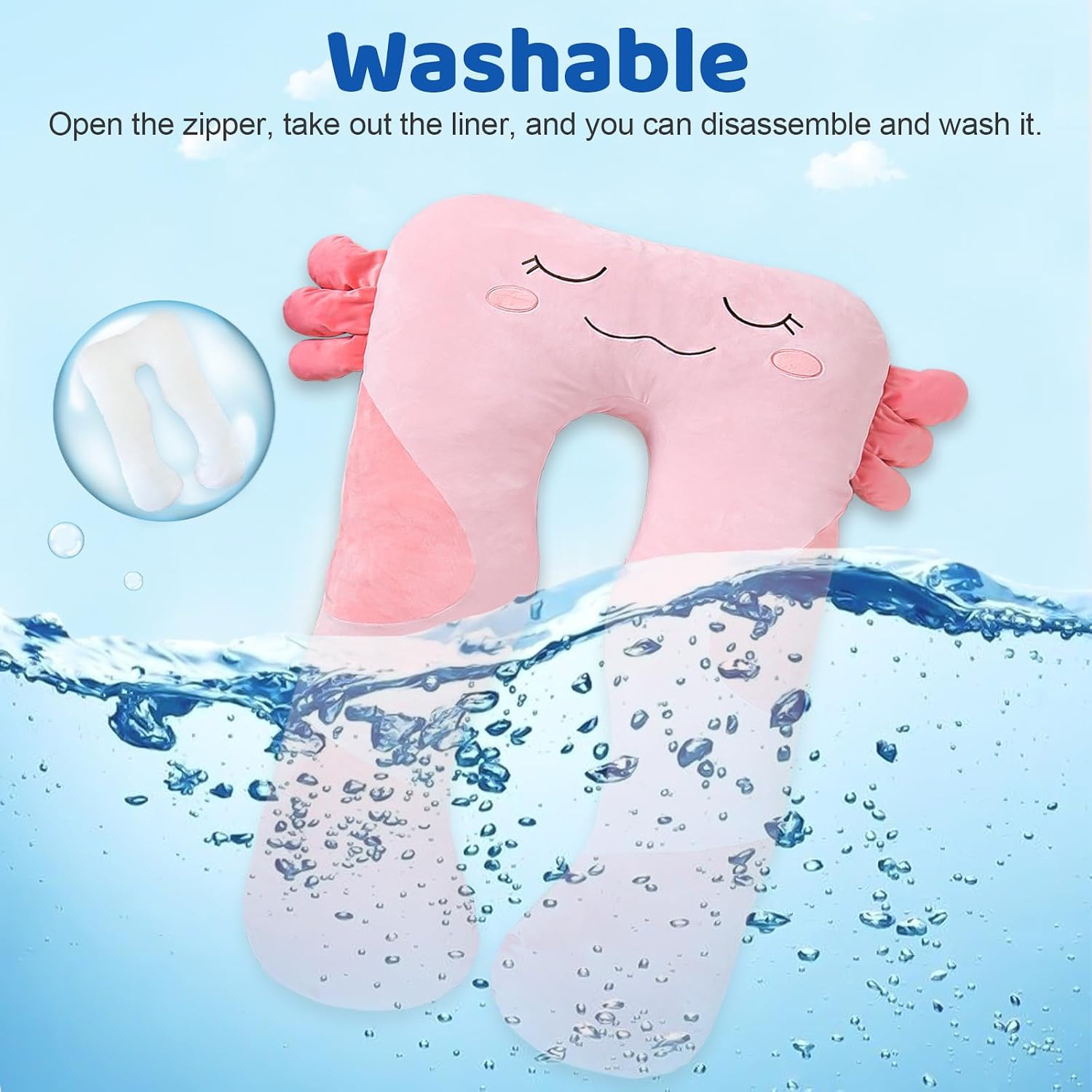 47x23 inch U Shaped Long Plush Body Pillows for Kids, Stuffed Animal Axolotl Soft Large Pillow for Sleeping, Big Cute Plushies, Washable…