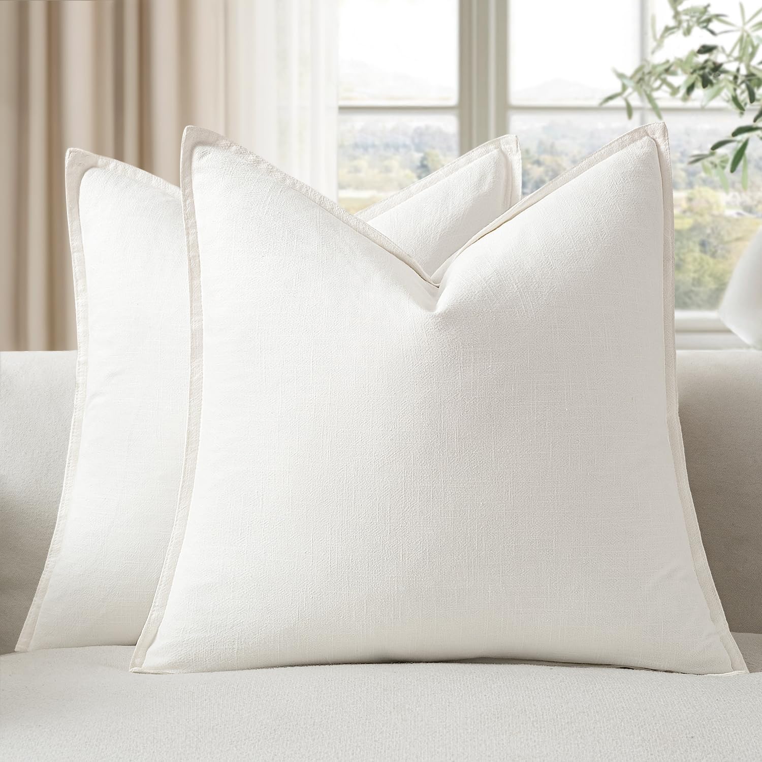 EMEMA Decorative Linen Throw Pillow Covers 26x26 Inch Cream Boho Farmhouse Neutral Couch Throw Pillows for Bed Pack of 2 Accent…